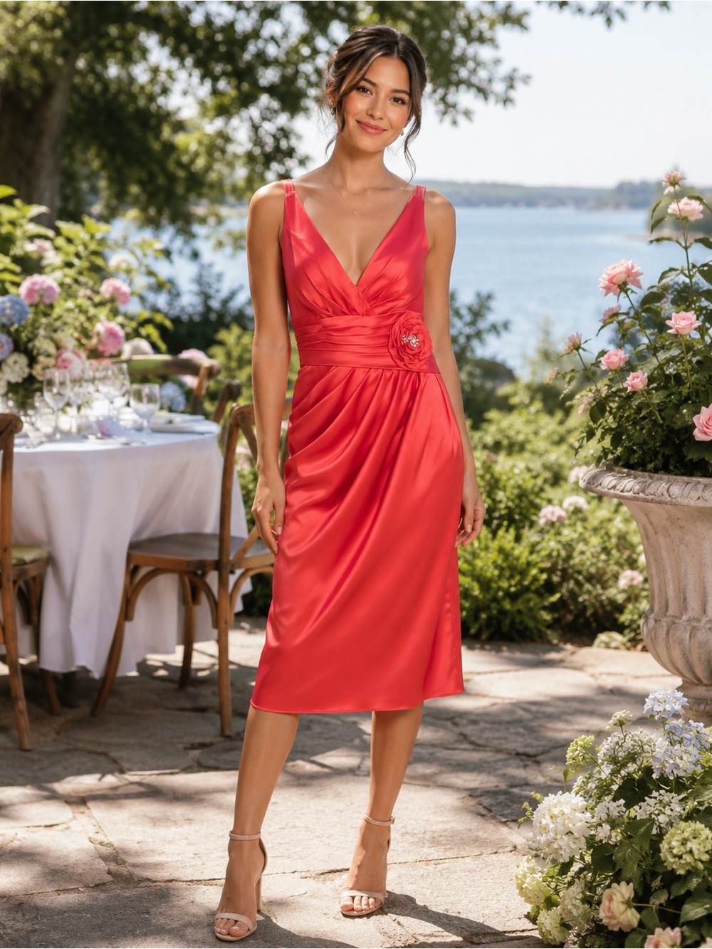 SORELLA VITA Red Satin V-Neck Midi Dress with Rosette Waist